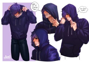 1boy absurdres adjusting_hood awmseem blush cigarette collar_tug commentary drawstring english_commentary english_text face_piercing frown hair_over_one_eye highres holding_hood hood hood_up hoodie hot lip_piercing male_focus mouth_hold multiple_views piercing pout purple_hair purple_hoodie sebastian_(stardew_valley) signature snakebite_(piercing) solo speech_bubble stardew_valley sweat thought_bubble unlit_cigarette_in_mouth