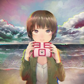 1girl beach brown_eyes brown_hair camera chromatic_aberration cloud commentary_request highres holding holding_camera horizon light_frown original outdoors short_hair solo water yajirushi_(chanoma)