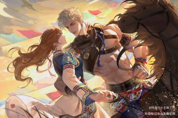 1boy 1girl abs asukaashuka brown_hair cloud couple dress earrings faceless faceless_female gem hair_ornament hairclip hetero highres horse jewelry lips long_hair long_sleeves looking_at_another love_and_deepspace muscular muscular_male navel necklace official_alternate_costume outdoors parted_lips pectorals protagonist_(love_and_deepspace) red_eyes short_hair sylus_(love_and_deepspace) white_hair