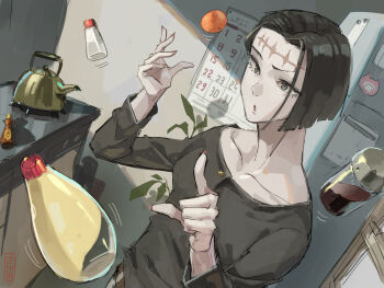 Rule 34 | 1girl, absurdres, black hair, black shirt, brown pants, buttons, calendar (object), day, food, fruit, grey eyes, highres, honey, indoors, itadori kaori, jujutsu kaisen, kakapyramid, kenjaku, kettle, kitchen, long sleeves, mayonnaise, mayonnaise bottle, medium hair, open mouth, orange (fruit), pants, pepper shaker, pink nails, plant, potted plant, refrigerator, salt, salt shaker, scar, scar on face, scar on forehead, shirt, standing, star (symbol), telekinesis
