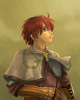 1boy brown_capelet brown_eyes brown_gloves brown_shirt capelet closed_mouth commentary_request dated_commentary expressionless gloves long_sleeves looking_afar lowres male_focus oomojiya ragnarok_online red_hair shirt short_hair solo swordsman_(ragnarok_online) upper_body yellow_background