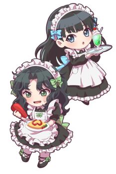 Rule 34 | 2girls, alternate costume, alternate eye color, amagami, apron, ayatsuji tsukasa, back bow, black dress, black hair, black shoes, blue eyes, blunt bangs, bow, cherry, cherry tomato, chibi, commentary request, curly hair, dress, enmaided, food, food writing, frilled apron, frilled dress, frills, fruit, full body, green eyes, holding, holding plate, holding tray, ice cream, ice cream float, ketchup, ketchup bottle, long hair, long sleeves, maid, maid apron, maid headdress, melon soda, multiple girls, omelet, omurice, open mouth, pantyhose, parted bangs, plate, shoes, simple background, sweat, tanamachi kaoru, tomato, tray, white apron, white background, white pantyhose, wtbn zw u