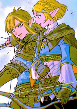 1boy 1girl archery armor artist_name black_cloak black_pants black_sweater blonde_hair blue_eyes blue_shirt blue_tunic bow_(weapon) braid breasts chainmail cloak cowboy_shot crown_braid drawing_arrow earrings fingerless_gloves gloves gold_trim green_eyes hair_between_eyes hair_ornament hair_tie hairclip highres holding holding_bow_(weapon) holding_weapon hood hood_down hooded_cloak jewelry leather_armor link low_ponytail medium_breasts mouyi nintendo pants parted_bangs parted_lips pointy_ears ponytail princess_zelda sample_watermark shirt short_hair sidelocks sparkle sweater the_legend_of_zelda the_legend_of_zelda:_tears_of_the_kingdom tunic turtleneck turtleneck_sweater vambraces watermark weapon