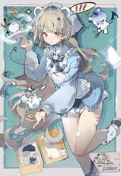 Rule 34 | !, !!, 1girl, :o, animal ears, apron, bandaid on thigh, bear, bear brooch, bear ears, black footwear, blonde hair, blue background, blue bow, blue bowtie, blue choker, blue dress, blue hat, blue jacket, border, bow, bowtie, candy hair ornament, catching, cherry hair ornament, chinese commentary, choker, collared dress, commentary request, commission, dress, feet out of frame, food-themed hair ornament, frilled apron, frilled bowtie, frilled choker, frilled dress, frilled headwear, frills, hair ornament, hairclip, hat, head scarf, highres, jacket, knees, leg up, long hair, long sleeves, magic, open clothes, open jacket, original, outside border, outstretched arm, palms, parted lips, photo (object), puffy long sleeves, puffy sleeves, purple eyes, ribbon-trimmed apron, ribbon trim, sample watermark, shoes, short dress, solo, sparkle, spoken exclamation mark, sweater jacket, tape, ttoki, v-shaped eyebrows, very long hair, watermark, white apron, white border, white leg warmers