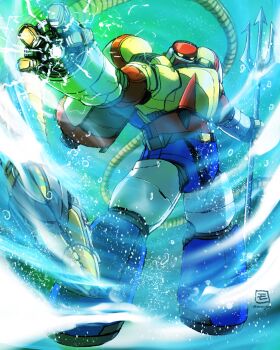 absurdres artist_logo full_body getter_poseidon getter_robo highres holding holding_polearm holding_weapon logo mecha mecha_focus moyan no_humans polearm robot solo standing trident twitter_username weapon wire yellow_eyes