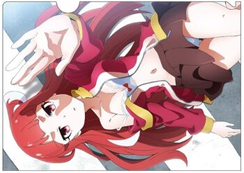 1girl akiba&#039;s_trip akiba&#039;s_trip_the_animation artist_request bra breasts brown_skirt clear_file_(medium) cleavage crosswalk from_above jacket long_hair looking_afar lying mayonaka_matome medium_breasts miniskirt multicolored_hair navel off_shoulder official_art on_back open_clothes open_jacket outdoors outstretched_arm outstretched_hand panties pantyshot parted_lips pleated_skirt reaching red_eyes red_hair skirt solo track_jacket two-tone_hair underwear white_bra white_panties