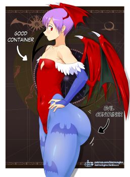 1girl animal_print ass bare_shoulders bat_print blue_pantyhose blush border bridal_gauntlets brown_background cameltoe cleavage_cutout clothing_cutout collarbone cowboy_shot darkstalkers darm_engine demon_girl demon_wings flat_chest from_side head_wings huge_ass leotard lilith_(darkstalkers) open_mouth pantyhose purple_hair red_eyes red_leotard short_hair solo standing white_border wings