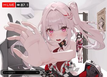 2girls air_conditioner bare_shoulders bell black_choker black_gloves black_hair black_sash blush braid chair choker collarbone commentary_request criss-cross_halter door dress facial_mark fox_mask gaming_chair gloves halterneck heart heart_facial_mark highres holding_cloth honkai:_star_rail honkai_(series) livestream long_hair looking_at_viewer mask mask_on_head multicolored_hair multiple_girls neck_bell one_side_up open_mouth pink_eyes poster_(object) red_dress red_sleeves red_streaks ryoku_tyaba sash sparkle_(honkai:_star_rail) sparxie_(honkai:_star_rail) standing stelle_(honkai:_star_rail) streaked_hair swivel_chair trailblazer_(honkai:_star_rail) twintails unworn_clothes very_long_hair white_hair