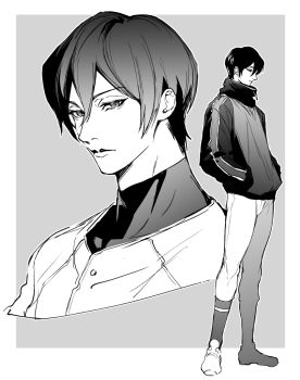 Rule 34 | 1boy, ace of diamond, baseball jersey, baseball uniform, border, closed mouth, commentary request, full body, furuya satoru, greyscale, hair between eyes, hand in pocket, high collar, jacket, jersey, kneehighs, male focus, monochrome, multiple views, outside border, renorenoko, short hair, socks, socks over pants, sportswear, white border, zipper pull tab