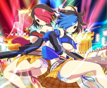 2girls arm_belt ass assault_rifle back-to-back bare_shoulders belt belt_buckle black_hair blue_belt blue_hair blue_panties blue_ribbon blush breasts brown_thighhighs buckle detached_sleeves earrings electric_guitar grey_thighhighs grin guitar gun hair_over_one_eye holding holding_gun holding_weapon instrument jewelry kunai kunai_earrings large_breasts leg_ribbon looking_at_viewer median_furrow multicolored_hair multiple_girls official_art panties pleated_skirt red_belt red_eyes red_hair red_panties red_ribbon revealing_clothes ribbon rifle sakyou_(senran_kagura) senran_kagura senran_kagura_new_wave short_hair shotgun shuriken shuriken_earrings siblings single_earring single_thighhigh sisters skirt smile stage stage_lights star_(symbol) star_print striped_clothes striped_panties striped_thighhighs studded_belt submachine_gun teeth thigh_ribbon thighhighs tile_floor tiles torn_clothes torn_skirt trigger_discipline twins two-tone_hair ukyou_(senran_kagura) underboob underwear weapon wrist_belt yaegashi_nan yellow_skirt
