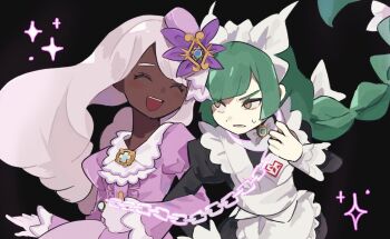 1l6wpwihya38112 2girls ^_^ apron ascot black_background black_romper bow bowtie braid braided_ponytail center_frills chain chain_leash closed_eyes collar dark-skinned_female dark_skin dress fascinator frilled_ascot frills frown gloves green_hair hair_ornament hand_up holding holding_chain holding_leash jacinthe_(pokemon) juliet_sleeves leash lebanne_(pokemon) long_braid long_hair long_sleeves looking_at_viewer low_drills maid maid_apron maid_headdress master_and_servant mega_stone multiple_girls nintendo open_mouth parted_lips pet_play pokemon pokemon_legends:_z-a puffy_sleeves purple_dress purple_eyes romper single_braid smile sparkle teeth upper_body upper_teeth_only v-shaped_eyebrows very_dark_skin very_long_hair white_bow white_bowtie white_gloves