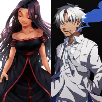 1boy 1girl alternate_eye_color alternate_hair_color black_dress black_hair breasts cigarette cleavage coat commentary_request dress emiya_kiritsugu fate/zero fate_(series) grey_coat grey_eyes grey_neckerchief ichita_kuuto irisviel_von_einzbern lowres medium_breasts neckerchief off-shoulder_dress off_shoulder smoke smoking split_screen white_hair