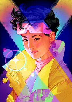 1girl aqua_background artist_name black_hair blue_background bodysuit brown_eyes closed_mouth earrings gloves goggles goggles_on_head hand_up highres jacket jewelry jubilee lapels looking_at_viewer magic marvel open_clothes open_jacket pink-tinted_eyewear pink_bodysuit pink_lips short_hair smile solo sparkle superhero_costume tinted_eyewear turtleneck turtleneck_bodysuit two-tone_background uzuri_art very_short_hair x-men x-men:_the_animated_series yellow_gloves yellow_jacket