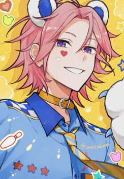 1boy animal_ears animal_hands bear bear_ears belt belt_buckle belt_collar bowling_pin buckle buttons claws clenched_teeth collar collared_shirt commentary_request curtained_hair diagonal-striped_clothes diagonal-striped_necktie ensemble_stars! heart heart_sticker highres kuma_kuma_resq_(ensemble_stars!) looking_at_viewer male_focus matasaburo multicolored_necktie necktie orange_belt oukawa_kohaku paw_print pink_hair purple_eyes shirt short_hair smile solo star_(symbol) sticker striped_clothes teeth twitter_username upper_body