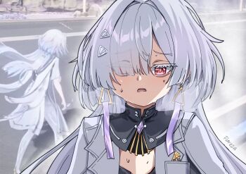 Rule 34 | 1girl, absurdres, artist name, breath, colored eyelashes, commentary, earrings, exhaust, eyes visible through hair, flareza, game screenshot background, grey hair, hair over one eye, highres, jacket, jewelry, long hair, mornye (wuthering waves), red eyes, screenshot background, solo, sweat, triangle earrings, upper body, white jacket, wuthering waves