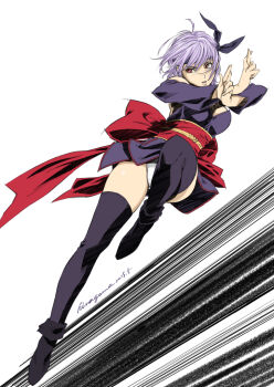 1girl ayane_(doa) bare_shoulders breasts dated dead_or_alive dead_or_alive_xtreme headband hiragoma japanese_clothes large_breasts motion_lines ninja obi panties purple_hair purple_headband purple_thighhighs red_eyes red_sash sash short_hair signature sketch solo speed_lines thighhighs underwear white_panties wide_sleeves