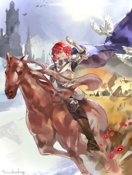 Rule 34 | 1girl, absurdres, arm up, armor, bird, blue sky, boots, breastplate, brown boots, brown horse, cape, castle, chinese commentary, commentary request, flower, full body, gauntlets, grin, highres, horse, horseback riding, knight, looking to the side, marsha (reverse:1999), poppy (flower), purple cape, red flower, red hair, reverse:1999, riding, short hair, shoulder armor, sky, smile, solo, sun, white bird, wu fuzuoyong