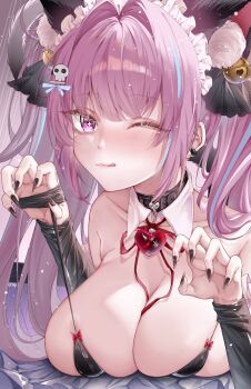 +_+ 1girl ;q alternate_costume animal_ears azur_lane bell black_nails blue_hair blue_streaks blush bra bra_pull breasts cat_ears claw_pose cleavage clothes_pull cross-shaped_pupils earrings enmaided fake_animal_ears hair_bell hair_ornament highres jewelry large_breasts lionp61248 lying maid maid_headdress multicolored_hair official_alternate_costume on_stomach one_eye_closed pasadena_(azur_lane) pasadena_(surprising_game)_(azur_lane) pink_hair skull_hair_ornament solo streaked_hair symbol-shaped_pupils tongue tongue_out twintails underwear