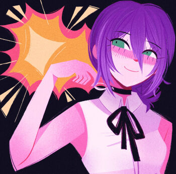 1girl black_background black_choker black_ribbon chainsaw_man choker closed_mouth collared_shirt emmyluvscookies explosion green_eyes grenade_pin highres neck_ribbon purple_hair reze_(chainsaw_man) ribbon shirt sleeveless sleeveless_shirt smile solo white_shirt