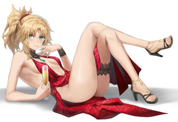 1girl bare_legs bare_shoulders blonde_hair blush braid breasts champagne_flute crossed_legs cup dress drinking_glass fate/apocrypha fate_(series) feet green_eyes high_heel_sandals high_heels highres legs long_hair looking_at_viewer mordred_(fate) no_panties parted_bangs ponytail red_dress sandals sidelocks small_breasts solo strappy_heels toenails toes tonee