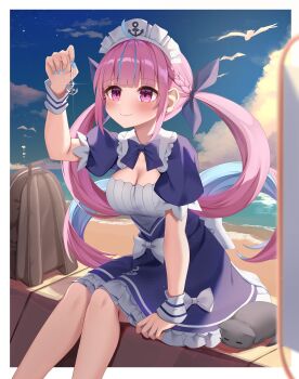 1girl absurdres ahoge anchor_hat_ornament anchor_symbol backpack bag beach bird black_bag black_cat blue_bow blue_bowtie blue_dress blue_hair blue_nails blue_ribbon blue_sky blush border bow bowtie braid breasts cat cet_(hajisirazunoko) cleavage closed_mouth cloud cloudy_sky colored_inner_hair curly_hair day dress fingernails hair_ribbon hat_ornament highres holding hololive large_breasts long_hair maid maid_headdress minato_aqua minato_aqua_(1st_costume) multicolored_hair nail_polish ocean outdoors pink_eyes pink_hair ribbon sand seagull short_sleeves sky smile star_(sky) starry_sky streaked_hair twintails two-tone_hair unworn_backpack unworn_bag virtual_youtuber white_border white_wrist_cuffs wrist_cuffs