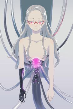 absurdres amputee android cable collarbone glowing highres inaba_miyuki joints juusan_kihei_bouei_ken kuromu_(kaeru) mechabare mechanical_arms mechanical_spine red_eyes robot robot_girl robot_joints science_fiction see-through_body single_mechanical_arm spine spoilers subdermal_port topless_female white_hair wire