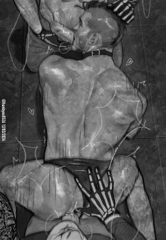 abs all_fours anal ass back belt_buckle belt_collar buckle call_of_duty call_of_duty:_modern_warfare_2 clone clothing_aside collar commentary dated erection facial_hair foreskin ghost_(modern_warfare_2) gloves greyscale groin group_sex hand_in_another&#039;s_hair hand_on_another&#039;s_ass heart highres kneeling male_focus male_penetrated male_underwear male_underwear_aside mmm_threesome mohawk monochrome notrealfitzgerald open_mouth open_pants oral pants penis sex sideburns skeleton_print soap_(modern_warfare_2) threesome topless_male twitter_username underwear yaoi