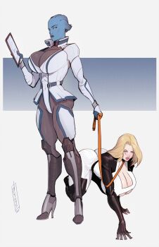 2girls absurdres adapted_costume alien all_fours alternate_breast_size asari_(mass_effect) ass blonde_hair blue_skin blush breasts bursting_breasts cleavage clipboard colored_skin devilhs femdom high_heels highres holding holding_clipboard holding_leash huge_ass huge_breasts leash liara_t&#039;soni long_hair looking_at_object mass_effect_(series) miranda_lawson multiple_girls stiletto_heels thick_thighs thighhighs thighs