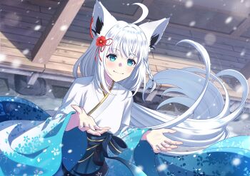 1girl ahoge animal_ear_piercing animal_ears aqua_eyes blue_hakama blue_kimono braid closed_mouth commentary day flower fox_ears fox_girl gradient_clothes gradient_kimono hair_between_eyes hair_flower hair_ornament hakama hakama_skirt hashtag-only_commentary highres hololive japanese_clothes kimono long_hair looking_up low_ponytail official_alternate_costume outdoors ponytail redpepperoni00 shirakami_fubuki shirakami_fubuki_(new_year) side_braid single_braid skirt smile snowing solo very_long_hair virtual_youtuber white_hair white_kimono wide_sleeves