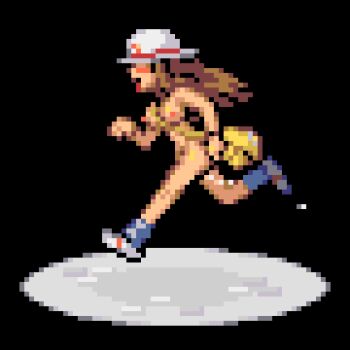Rule 34 | 1girl, bag, black background, blue socks, breasts, brown hair, hat, hat over eyes, leaf (pokemon), long hair, medium breasts, nintendo, nipples, nude, open mouth, pixel art, pokemon, pokemon frlg, pussy juice, running, saiwai hiroshi, shoes, smile, socks, tongue, tongue out, white hat, white shoes