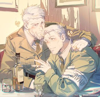 2boys aged_up armband beard blue_eyes blush bottle character_age commentary_request couple facial_hair full_beard fuze_(rainbow_six_siege) glaz_(rainbow_six_siege) glint goatee_stubble highres husband_and_husband jacket jewelry male_focus mature_male military_jacket military_uniform multiple_boys necktie old old_man rainbow_six_siege ring smile soldier sparse_stubble stubble sunlight thick_beard thick_eyebrows upper_body white_hair wine_bottle xuan233333232 yaoi