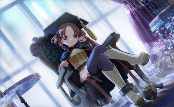 1girl armchair artist_request ball_and_chain_restraint belt black_cloak black_hat blue_pantyhose boots braid brown_belt brown_hair chair cloak collarbone collared_cloak crossed_legs curtains day detached_sleeves dot_nose dress expressionless full_body game_cg hair_over_shoulder hair_rings hair_tie hand_on_own_cheek hand_on_own_face hat hat_tassel high_collar highres hiiragi_nemu knee_boots light_blush long_hair long_sleeves magia_record:_mahou_shoujo_madoka_magica_gaiden magical_girl mahou_shoujo_madoka_magica mahou_shoujo_madoka_magica_magia_exedra mortarboard official_art on_chair orange_dress pantyhose parted_bangs parted_lips purple_eyes red_sleeves short_dress side_braid sitting solo strapless strapless_dress table tareme third-party_source twin_braids white_boots window