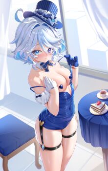 1girl absurdres ahoge alternate_breast_size_(larger) blue_eyes blue_hair blue_leotard breasts cake commentary_request cover food furina_(genshin_impact) genshin_impact hat heart_pasties heterochromia highres indoors kururu_(qqqqq59508750) leotard looking_at_viewer medium_breasts paid_reward_available pasties short_hair skindentation solo strawberry_shortcake table teacher thigh_strap tile_floor tiles tongue tongue_out top_hat