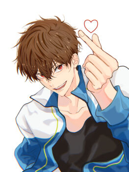 Rule 34 | 1boy, black shirt, brown hair, commentary request, finger heart, free!, fuji (6d12c), heart, highres, jacket, kirishima natsuya, long sleeves, looking at viewer, male focus, open clothes, open jacket, open mouth, red eyes, shirt, short hair, simple background, smile, solo, teeth, upper body, white background