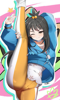 1girl ;p absurdres black_hair blue_hoodie bracelet closed_mouth commentary_request cube_hair_ornament fengqun hair_ornament highres holding_own_leg hood hoodie jewelry leggings lida_(pokemon) long_hair long_sleeves nintendo one_eye_closed pokemon pokemon_legends:_z-a print_shirt shirt signature smile solo star_(symbol) tongue tongue_out topknot v white_shirt zipper_pull_tab