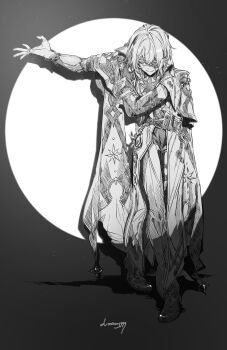 1boy anaxa_(honkai:_star_rail) ascot cape chain closed_eyes closed_mouth eyepatch full_body gloves greco-roman_clothes greyscale hair_ornament hands_up highres honkai:_star_rail honkai_(series) jacket jewelry lapels long_hair long_sleeves low_ponytail lv_minus999 male_focus monochrome multiple_rings open_clothes open_jacket pants partially_fingerless_gloves ponytail ring shadow shirt shoes simple_background single_glove smile solo standing star_(symbol) star_print