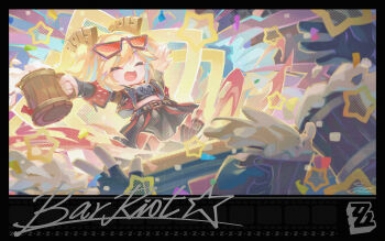 1girl alcohol arms_up beer black_border black_jacket black_skirt black_thighhighs black_tube_top blonde_hair border burnice_white closed_eyes commentary commentary_request copyright_logo cup english_commentary eyewear_on_head highres holding holding_cup jacket kanmai_x_sou logo mixed-language_commentary open_mouth red-tinted_eyewear short_twintails skirt solo_focus spiked_belt star_(symbol) strapless sunglasses tankard thighhighs tinted_eyewear tube_top twintails zenless_zone_zero