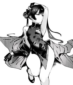 1girl arm_up bare_shoulders blue_archive breasts butterfly_hair_ornament china_dress chinese_clothes commentary_request covered_navel dress expressionless gloves greyscale hair_ornament highres kisaki_(blue_archive) long_hair monochrome otimusyairoha petite scale_print shoes small_breasts solo twitter_username wide_hips