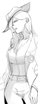 1girl annoyed belt breasts cigar cleavage coat collarbone collared_shirt cowboy_shot fedora hair_over_one_eye hashtag-only_commentary hat helseujang highres limbus_company long_hair looking_at_viewer monochrome project_moon scowl shirt simple_background sketch smoking solo upper_body valencina_(project_moon) white_background