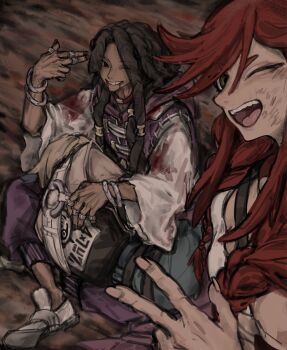 1girl 2boys blonde_hair blood bracelet brown_hair commentary dreadlocks finger_gun gachiakuta green_eyes highres holding jabber_wonger jacket jewelry long_hair looking_at_viewer multiple_boys open_mouth ozu_sen purple_jacket red_eyes red_hair riyo_reaper smile v zanka_nijiku