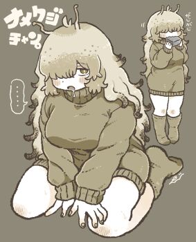 Rule 34 | ..., 1girl, antennae, blush, breasts, commentary request, dress, drooling, eating, ebiebi, hair over eyes, hair over one eye, highres, large breasts, long hair, looking at viewer, multiple views, original, plump, slug girl, socks, spoken ellipsis, sweater, sweater dress, translation request, turtleneck, turtleneck sweater