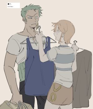 1boy 1girl absurdres bag black_pants cowboy_shot earrings green_hair haramaki highres holding holding_bag jewelry looking_at_another miniskirt nami_(one_piece) one_piece open_mouth orange_hair pants parted_lips request_inset roronoa_zoro rpwjdwjdqh37 shirt shopping shopping_bag short_hair short_sleeves simple_background skirt white_shirt