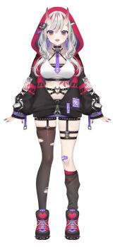 1girl bandaid bandaid_on_leg belt black_belt black_shoes black_thighhighs blonde_hair breasts demon_horns earrings fingernails full_body gradient_eyes hair_between_eyes heart heart_in_eye highres hood hood_up horns jewelry kurea_shuri long_hair multicolored_eyes nail_polish navel official_art pointy_ears purple_eyes purple_shorts red_eyes red_nails shoes shorts siiqa_vivi simple_background single_thighhigh skin-covered_horns skindentation sleeves_past_wrists solo standing symbol_in_eye tachi-e tattoo thighhighs torn_clothes torn_thighhighs transparent_background triangle varium virtual_youtuber zipper zipper_pull_tab