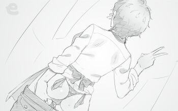 1girl akiyama_yoshiko apron ass clothes_pull condom condom_belt dutch_angle em_(totsuzen_no_hakike) from_behind g-string girls_und_panzer grabbing_own_ass greyscale monochrome pants pants_pull shirt short_hair sketch sleeves_rolled_up solo thong used_condom v