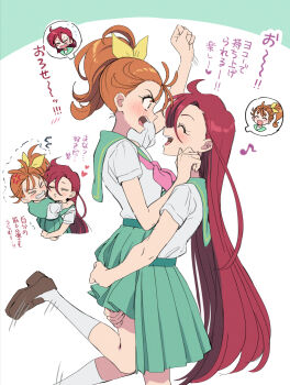 Rule 34 | > <, aozora middle school uniform, aqua sailor collar, aqua skirt, asymmetrical bangs, black shoes, body switch, brown hair, closed eyes, commentary, eighth note, facing another, forced kiss, from side, frown, grimace, hair between eyes, hair pulled back, hair ribbon, heart, highres, hitting, hug carry, kiss, loafers, long hair, looking at another, medium hair, miniskirt, motion blur, musical note, natsuumi manatsu, neckerchief, open mouth, personality switch, pink neckerchief, pleated skirt, precure, puckered lips, pushing away, red hair, ribbon, sailor collar, school uniform, serafuku, shoes, side ponytail, skirt, smile, socks, speech bubble, standing, struggling, takizawa asuka, translated, trembling, tropical-rouge! precure, very long hair, white socks, yellow ribbon, yuzu sato