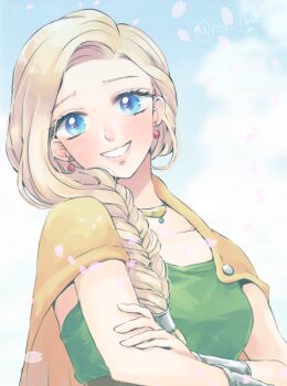 1girl bianca_(dq5) blonde_hair blue_eyes blue_sky blush bracelet braid breasts cape cherry_blossoms cloud cloudy_sky commentary_request crossed_arms dragon_quest dragon_quest_v dress earrings falling_petals green_dress hair_over_shoulder head_tilt jewelry long_hair looking_at_viewer medium_breasts merami necklace orange_cape parted_lips petals pink_petals single_braid sky smile solo sphere_earrings upper_body