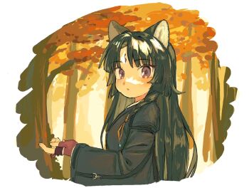 1girl animal_ears arknights black_hair black_jacket brown_gloves commentary_request facial_mark fingerless_gloves forehead_mark gloves jacket long_hair long_sleeves looking_at_viewer oekaki parted_lips partial_commentary purple_eyes saga_(arknights) solo unko_tonjiru