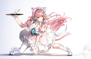 1girl absurdres ahoge animal_ears animal_print asymmetrical_legwear bell black_corset blue_bow blue_ribbon bow bow_legwear braid breasts cat_ears cat_girl cat_hair_ornament cat_print cat_tail closed_mouth corset dress extra_ears garter_straps glass gloves hair_bow hair_ornament hairclip hand_on_ground heart heart_print highres holding holding_tray indie_virtual_youtuber jingle_bell large_breasts long_hair maid maid_headdress mismatched_legwear neck_bell neck_ribbon paw_print pink_bow pink_dress pink_eyes pink_hair pink_tail ribbon shoes short_sleeves signature single_garter_strap single_thighhigh smile socks solo star_(symbol) star_hair_ornament suspenders tail tail_ornament tail_ribbon thighhighs thighs tiptoes tomitacchi tray two_side_up virtual_youtuber white_background white_dress white_garter_straps white_gloves white_shoes white_socks white_thighhighs yuuki_sakuna yuuki_sakuna_(3rd_costume)