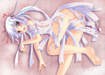 !? 1girl bad_feet bare_shoulders barefoot bent_over blush dress female_focus fujieda_uzuki gameplay_mechanics ghast hair_ribbon hook long_hair minecraft no_panties open_mouth personification red_eyes ribbon sleeveless sleeveless_dress soles solo white_hair