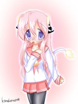 Rule 34 | 1girl, 2000s (style), 2007, :o, animal ears, bell, black pantyhose, blush, cow ears, cow girl, cow horns, cow tail, cowbell, glasses, highres, horns, konakona018, kyoto animation, long hair, lucky star, motteke! serafuku, neckerchief, pantyhose, pink background, pink hair, pink neckerchief, purple eyes, red sailor collar, ryouou school uniform, sailor collar, school uniform, serafuku, solo, source request, tail, takara miyuki